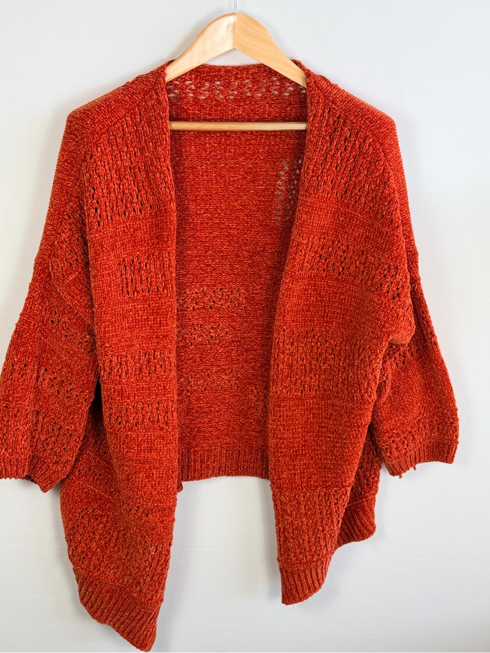 Burnt Orange Open Knit Cardigan Draped Chunky Cozy Boho Layering Sweater Medium